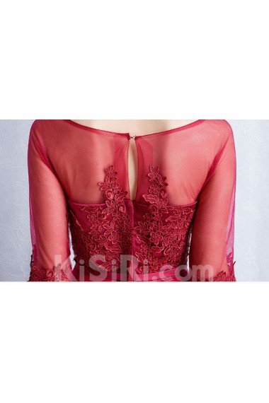 Tulle, Lace Bateau Floor Length Half Sleeve A-line Dress with Bow