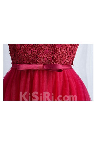 Tulle, Lace Bateau Floor Length Half Sleeve A-line Dress with Bow