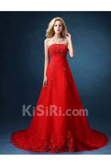 Organza Strapless Chapel Train Sleeveless A-line Dress with Lace, Sequins, Rhinestone