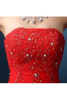 Organza Strapless Chapel Train Sleeveless A-line Dress with Lace, Sequins, Rhinestone