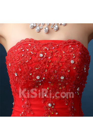 Organza Strapless Chapel Train Sleeveless A-line Dress with Lace, Sequins, Rhinestone