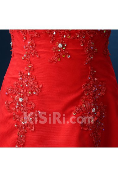 Organza Strapless Chapel Train Sleeveless A-line Dress with Lace, Sequins, Rhinestone