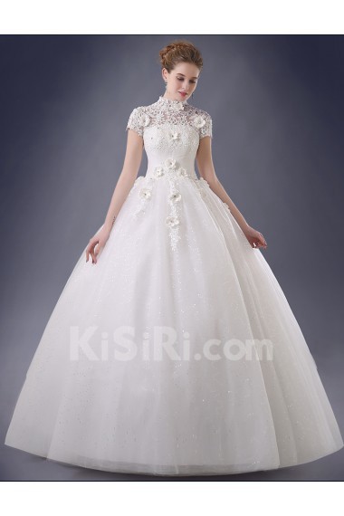 Lace, Organza High Collar Floor Length Cap Sleeve Ball Gown Dress with Handmade Flowers