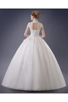 Lace, Organza High Collar Floor Length Cap Sleeve Ball Gown Dress with Handmade Flowers
