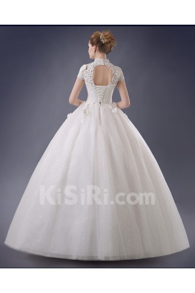 Lace, Organza High Collar Floor Length Cap Sleeve Ball Gown Dress with Handmade Flowers