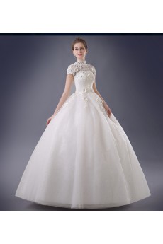 Lace, Organza High Collar Floor Length Cap Sleeve Ball Gown Dress with Handmade Flowers