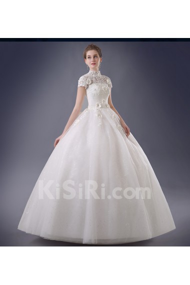 Lace, Organza High Collar Floor Length Cap Sleeve Ball Gown Dress with Handmade Flowers