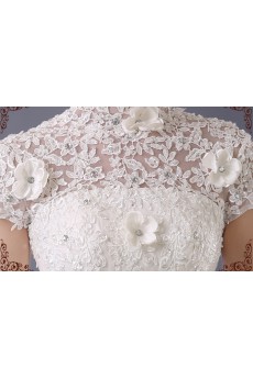 Lace, Organza High Collar Floor Length Cap Sleeve Ball Gown Dress with Handmade Flowers