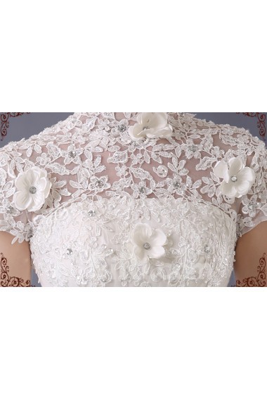 Lace, Organza High Collar Floor Length Cap Sleeve Ball Gown Dress with Handmade Flowers
