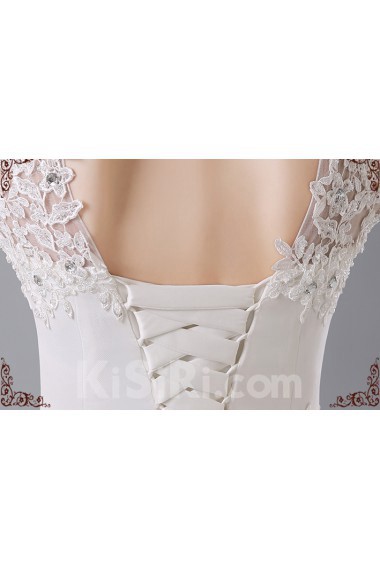 Lace, Organza High Collar Floor Length Cap Sleeve Ball Gown Dress with Handmade Flowers