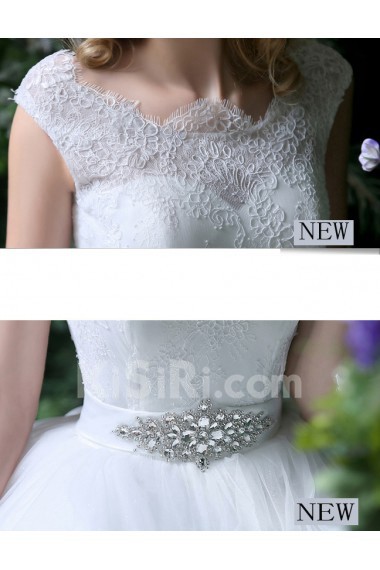 Organza, Lace Bateau Floor Length Cap Sleeve Ball Gown Dress with Rhinestone