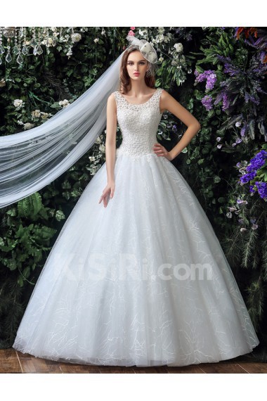 Tulle, Lace, Satin Scoop Floor Length Sleeveless Ball Gown Dress with Handmade Flowers