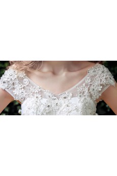 Tulle, Lace V-neck Floor Length Cap Sleeve Ball Gown Dress with Sequins, Rhinestone