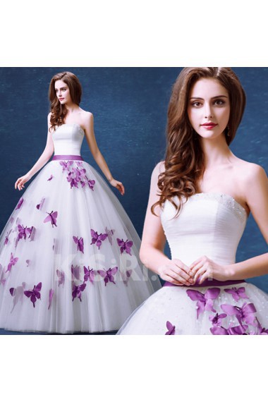 Tulle Strapless Floor Length Sleeveless Ball Gown Dress with Pearl, Bow