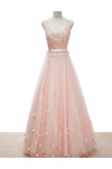 Lace, Satin, Tulle V-neck Floor Length Sleeveless A-line Dress with Bead, Handmade Flowers