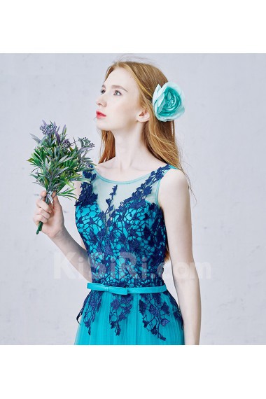 Lace, Satin, Tulle Scoop Sweep Train Sleeveless A-line Dress with Applique, Bow