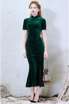 Velvet High Collar Ankle-Length Short Sleeve Mermaid Dress