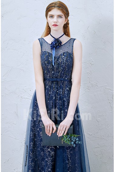 Lace, Tulle Scoop Sweep Train Sleeveless Sheath Dress with Bow, Beads