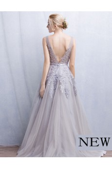 Tulle, Lace V-neck Floor Length Sleeveless A-line Dress with Beads