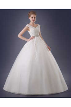 Lace, Organza V-neck Floor Length Cap Sleeve Ball Gown Dress with Rhinestone, Sash