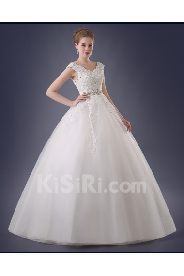 Lace, Organza V-neck Floor Length Cap Sleeve Ball Gown Dress with Rhinestone, Sash