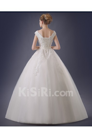 Lace, Organza V-neck Floor Length Cap Sleeve Ball Gown Dress with Rhinestone, Sash