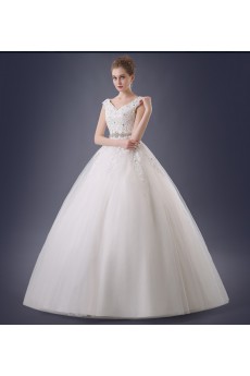 Lace, Organza V-neck Floor Length Cap Sleeve Ball Gown Dress with Rhinestone, Sash