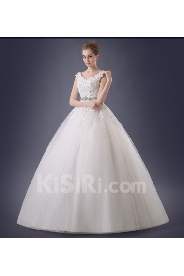 Lace, Organza V-neck Floor Length Cap Sleeve Ball Gown Dress with Rhinestone, Sash