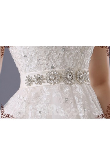 Lace, Organza V-neck Floor Length Cap Sleeve Ball Gown Dress with Rhinestone, Sash