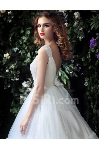 Tulle, Lace V-neck Floor Length Cap Sleeve Ball Gown Dress with Beads, Bow