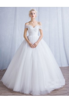 Tulle Off-the-Shoulder Floor Length Ball Gown Dress with Pearl