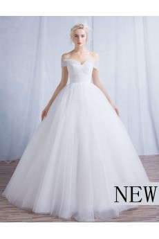Tulle Off-the-Shoulder Floor Length Ball Gown Dress with Pearl