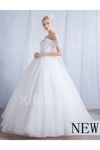 Tulle Off-the-Shoulder Floor Length Ball Gown Dress with Pearl