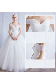 Tulle Off-the-Shoulder Floor Length Ball Gown Dress with Pearl