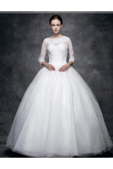 Lace, Satin Scoop Floor Length Three-quarter Ball Gown Dress with Sequins