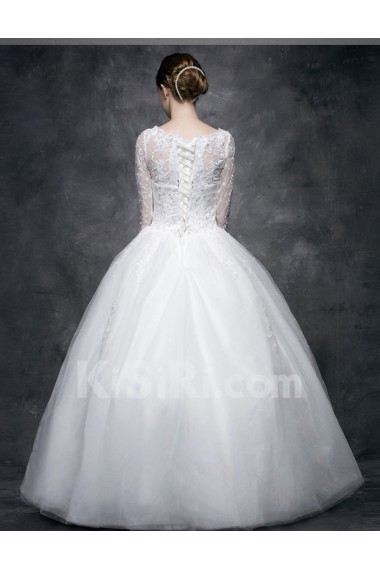 Lace, Satin Scoop Floor Length Three-quarter Ball Gown Dress with Sequins