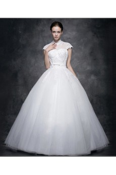 Lace, Satin High Collar Floor Length Cap Sleeve Ball Gown Dress with Sash