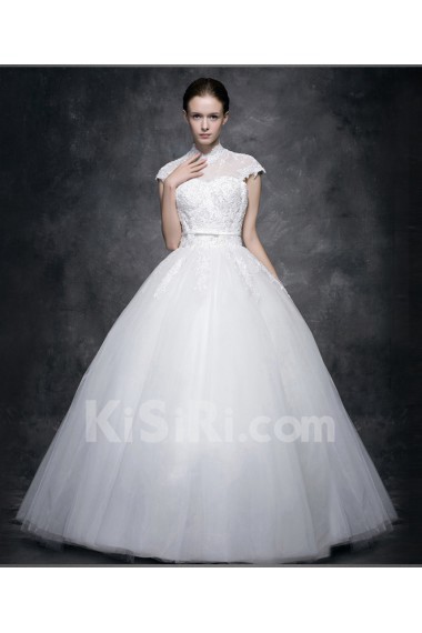Lace, Satin High Collar Floor Length Cap Sleeve Ball Gown Dress with Sash