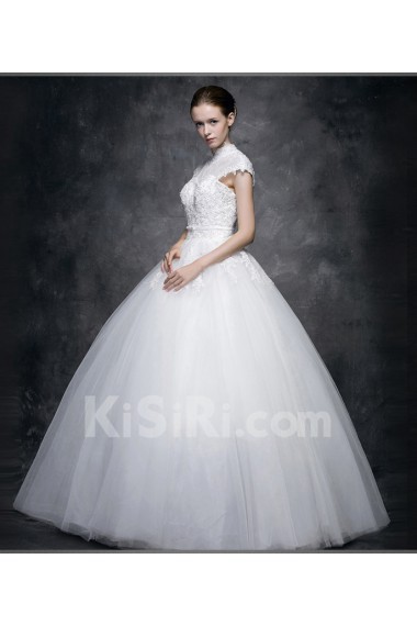 Lace, Satin High Collar Floor Length Cap Sleeve Ball Gown Dress with Sash