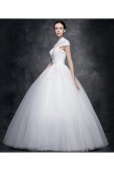 Lace, Satin High Collar Floor Length Cap Sleeve Ball Gown Dress with Sash