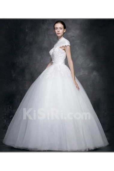 Lace, Satin High Collar Floor Length Cap Sleeve Ball Gown Dress with Sash