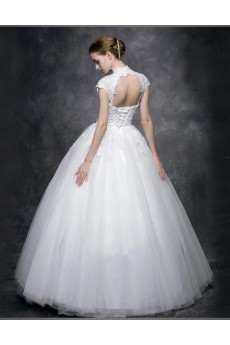 Lace, Satin High Collar Floor Length Cap Sleeve Ball Gown Dress with Sash