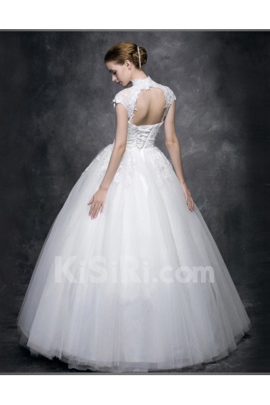 Lace, Satin High Collar Floor Length Cap Sleeve Ball Gown Dress with Sash