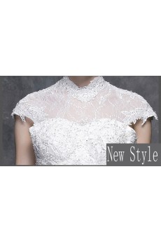 Lace, Satin High Collar Floor Length Cap Sleeve Ball Gown Dress with Sash