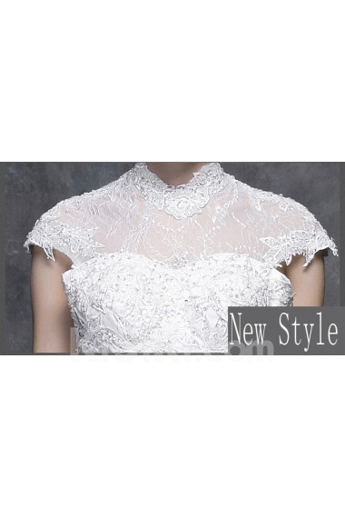 Lace, Satin High Collar Floor Length Cap Sleeve Ball Gown Dress with Sash