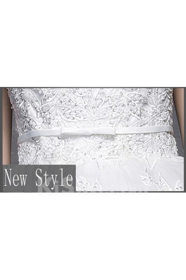 Lace, Satin High Collar Floor Length Cap Sleeve Ball Gown Dress with Sash