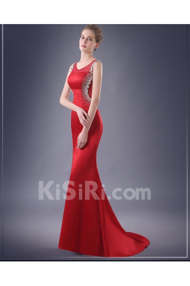 Satin Scoop Sweep Train Sleeveless Mermaid Dress with Rhinestone