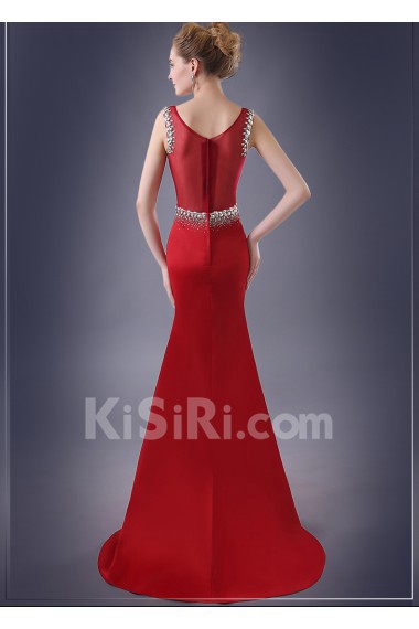 Satin Scoop Sweep Train Sleeveless Mermaid Dress with Rhinestone