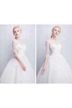 Tulle, Lace Jewel Floor Length Half Sleeve Ball Gown Dress with Bow, Sash