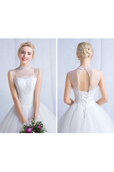 Tulle, Lace High Collar Floor Length Sleeveless Ball Gown Dress with Sequins